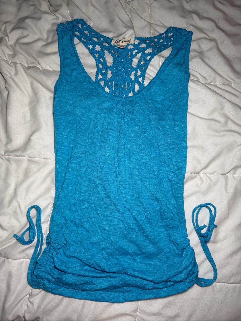 One Step Ahead Bright Turquoise Crochet-Back Tank